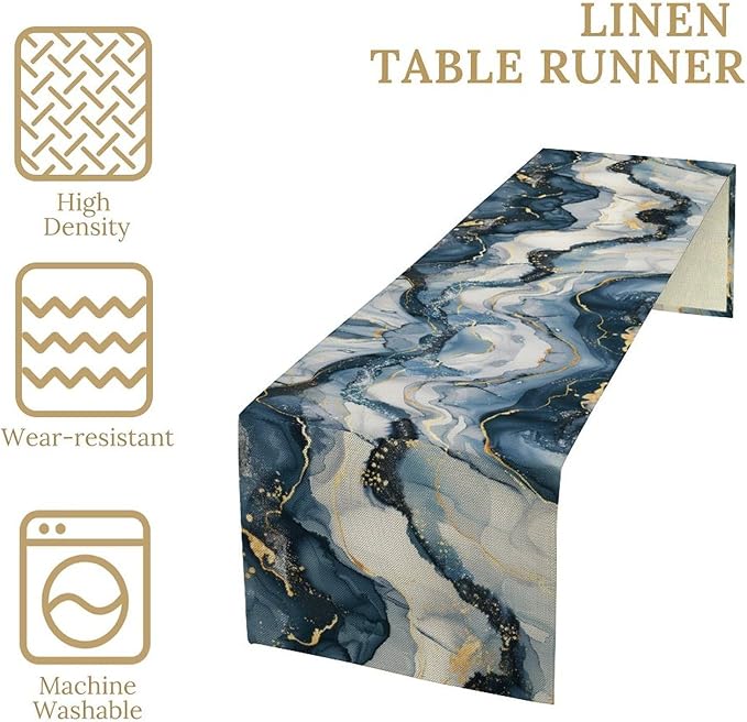 Marble Table Runner, Abstract Gold and Blue Black Modern Luxury Texture Pattern Printed Linen Table Runners for Kitchen Living Room Farmhouse Dining Room Party Home Decor 13" W x 72" L