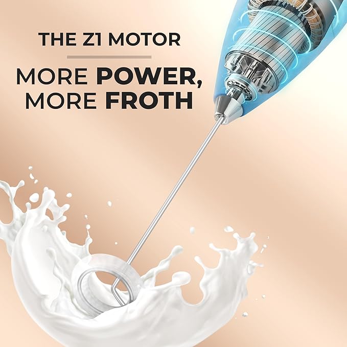 Zulay Kitchen Powerful Milk Frother Wand With Duracell Batteries - Ultra Fast Handheld Drink Mixer - Electric Whisk Foam Maker for Coffee, Lattes, Cappuccino & Matcha - Z1 Motor - Metal Blue