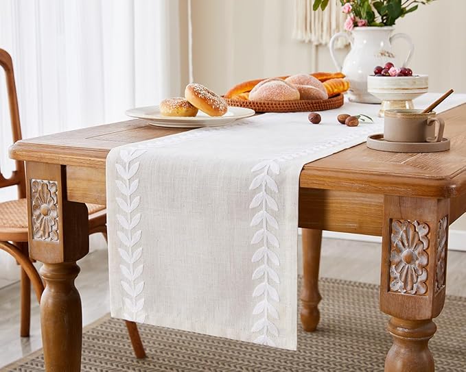 Wracra Embroidered Table Runner Irregular Willow Leaf Table Runners 72 Inches Long for Dresser Home Dining Table Decor,14 x 72 Inch, White