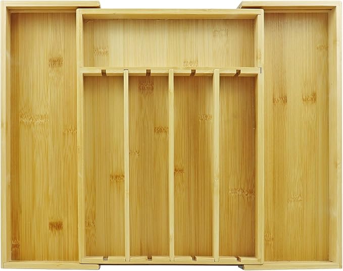 Bamboo Adjustable Drawer Organizer - Expandable Utensil Organizer for Flatware, Adjustable Cutlery & Knives. Ideal Utensil 7 Slots large Drawer Organizer for Kitchen, Natural