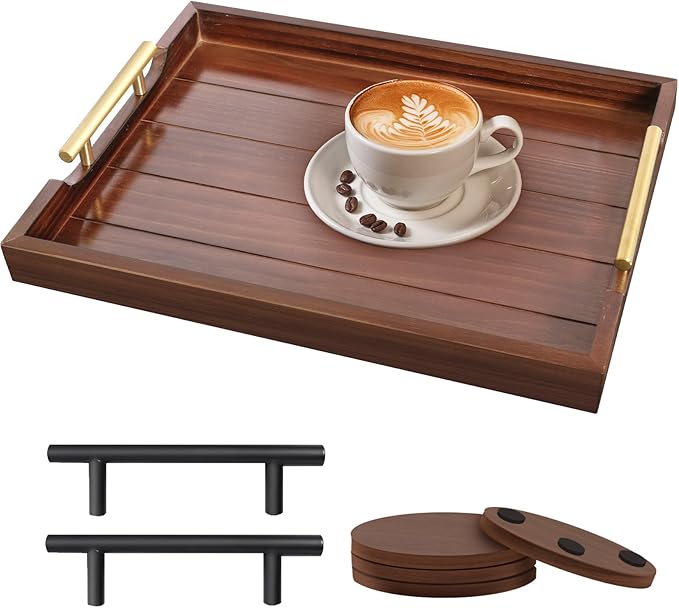 SXNOWS Ottoman Tray, Large Wooden Serving Tray with 2 Sets of Handles for Coffee Table, Rustic Living Room Kitchen Decor, 4 Round Coasters Included, Dark Brown