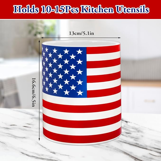 Whaline Patriotic Ceramic Utensil Holder 4th of July American Flag Utensil Crock for Independence Day 250th Anniversary Home Kitchen Countertop Storage Organizer Container