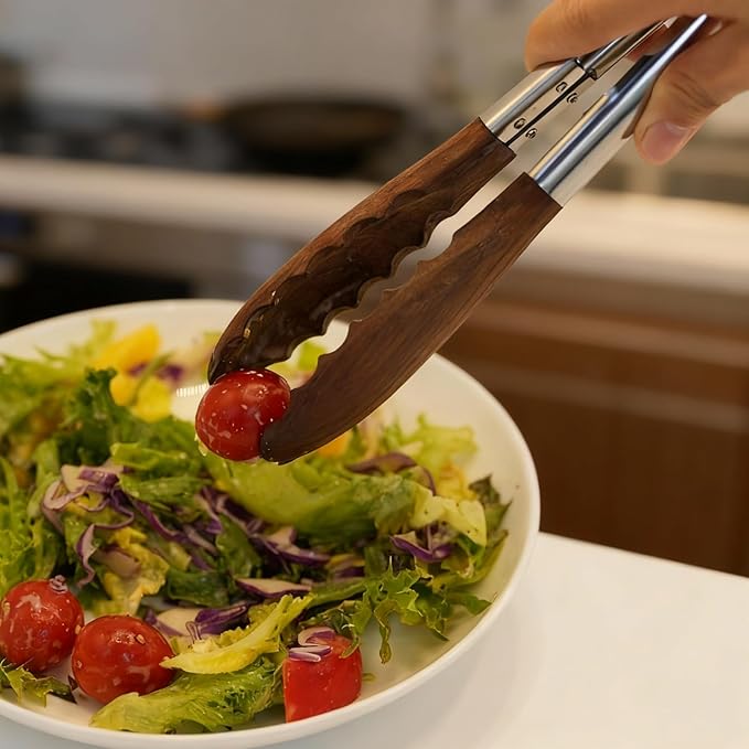 12 Inch Wooden Tip Cooking Tongs, Nonstick Safe Stainless Steel Kitchen Tongs for Salad Serving, Food Prep with Premium Branded Gift Box
