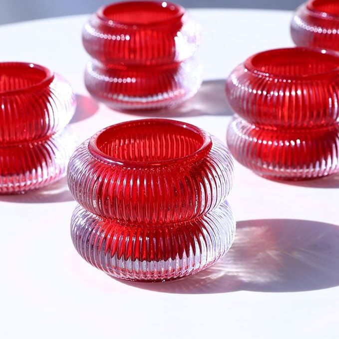 Woho Ribbed Glass Votive Candle Holders Set of 6, Red Tealight Candle Holder for Wedding Table Decor, Vintage Tea Lights Candle Holder for Christmas/Valentines Day Decorations (Red, 2.1" H X 2.75" D)