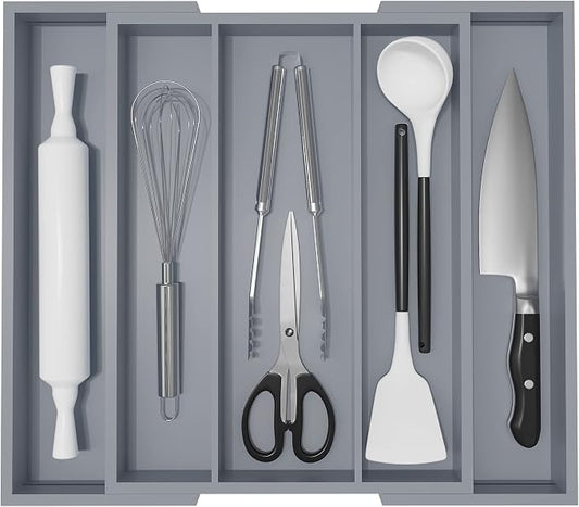 Large Kitchen Utensil Drawer Organizer - Expandable 5 Slots Cooking Utensil Organizer Multipurpose Silverware Organizer for Storage Repair Tools, Painting Tools W13.7"-19.9" x L17.6" X H2.5" (Grey)