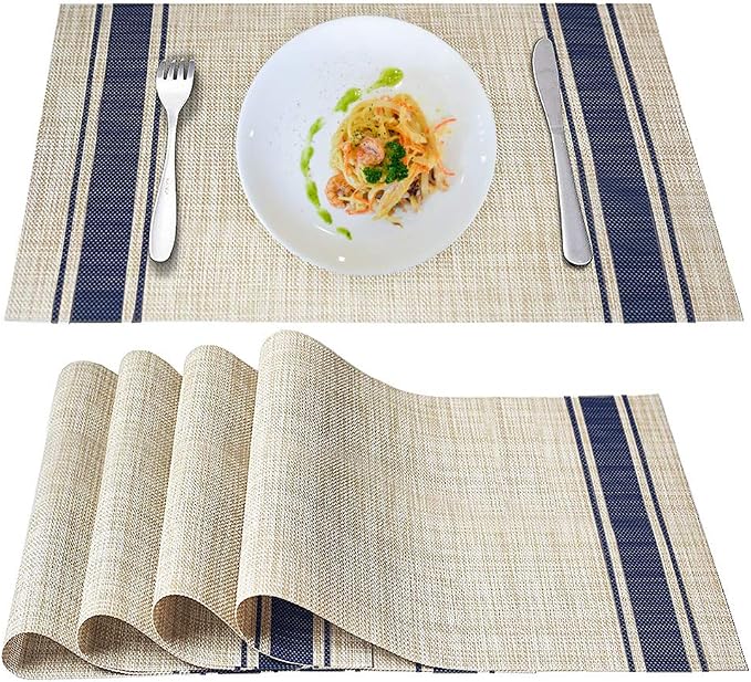 Table Mats Set of 4 Crossweave Woven Vinyl Placemats Heat Resistant Non-Slip Kitchen Placemats for Dining Table Washable Easy to Clean(Blue)