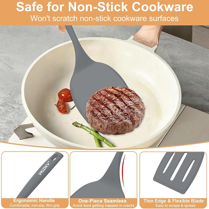 Silicone Spatula Turner Set, 4 Pack, 600°F Heat Resistant Cooking Spatulas, Spoons, BPA Free & Non-Stick Kitchen Utensils, Ideal for Flipping Egg, Pancake, and Serving, Dishwasher Safe (Gray)