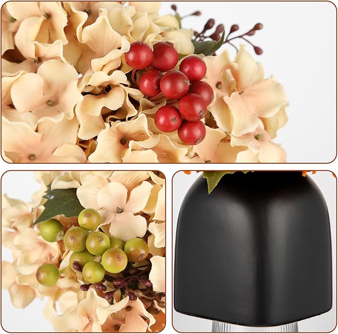 Briful Hydrangea Artificial Flowers in Ceramic Black Vase, Beige Silk Hydrangea Centerpieces for Tables, Realistic Dining Table Vase with Flowers for Farmhouse Home Decor Indoor
