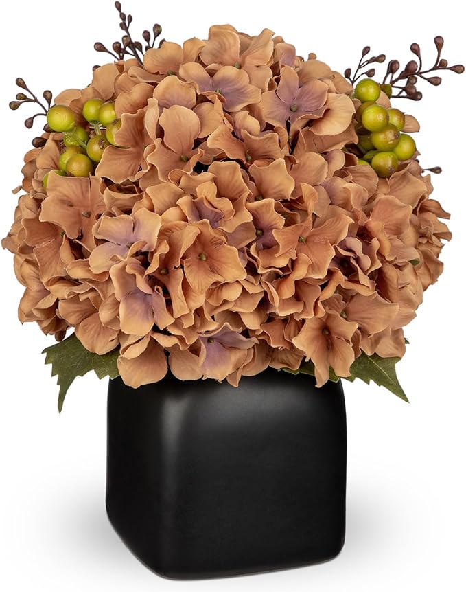 Briful Hydrangea Artificial Flowers in Black Square Ceramic Pot, Brown Silk Hydrangea Flowers Realistic Potted Fake Flowers with Berries for Home Decor Indoor Wedding Table Centerpieces
