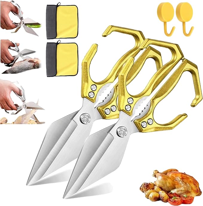 Multifunctional Heavy-Duty Kitchen Shears, Heavy Duty Kitchen Scissors with Ergonomic Handle,High-Carbon Steel Japanese Scissors for Chicken,Meat,Seafood,Bone Cutting (2*Gold)