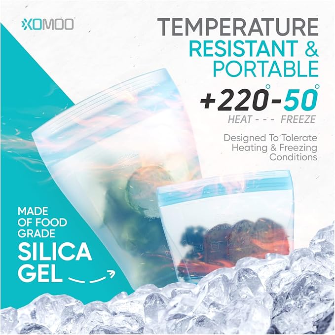 Reusable food container silicone bag, Upgrade second generation 6 Pcs Zip Containers Storage, 100% Silicone Reusable Food Bag, Stand Up Preservation Bag, Rounded interior for easy cleaning.