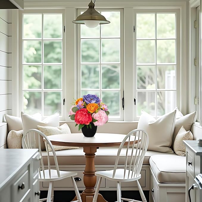 Briful Artificial Peonies Flower in Modern Black Pot, Farmhouse Table Floral Arrangements, Fake Spring Flower Centerpieces with Rose&Berries for Home Indoor Office Living Room Kitchen Decor