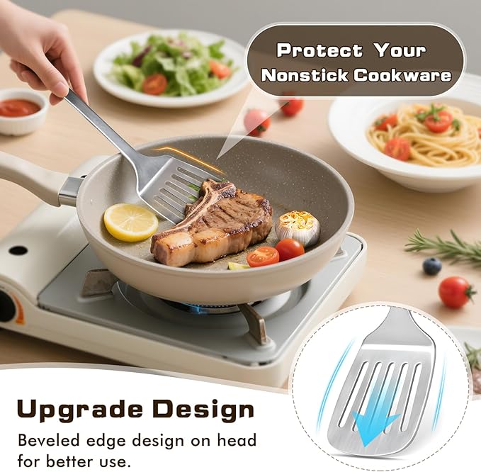 4 Pcs Cooking Utensils Set, Stainless Steel Kitchen Utensils, Heat Resistant Metal Kitchen Tools Include Slotted Turner Wok Spatula, Solid & Slotted Serving Spoon, Ladle, Easy to Clean, Silver