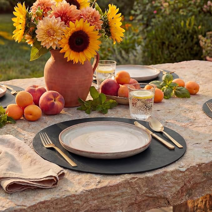 Artoid Mode Black Faux Leather Placemats Set of 6, 15 Inch Waterproof Wipeable Heat Resistant Vinyl Place Mats, Reversible Table Mats for Kitchen Dining Decor