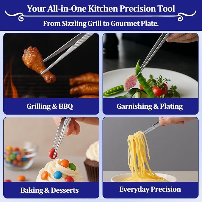 12-inch Stainless Steel Cooking Tongs & Tweezers, Non-Slip Grip & Serrated Tips for Grilling, Baking, Garnishing, BBQ, Kitchen & Craft Use (Straight Tip)