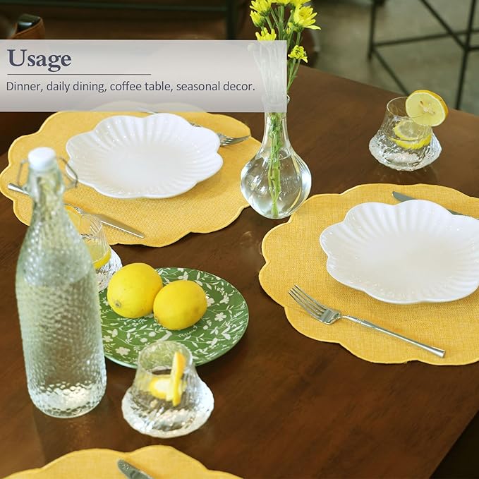 AHHFSMEI Round Faux Linen Placemats Set of 6 Heat Resistant Non-Slip Stain Proof Table Mats for Kitchen Dining Elegant Decor Place Mats (Yellow,6)