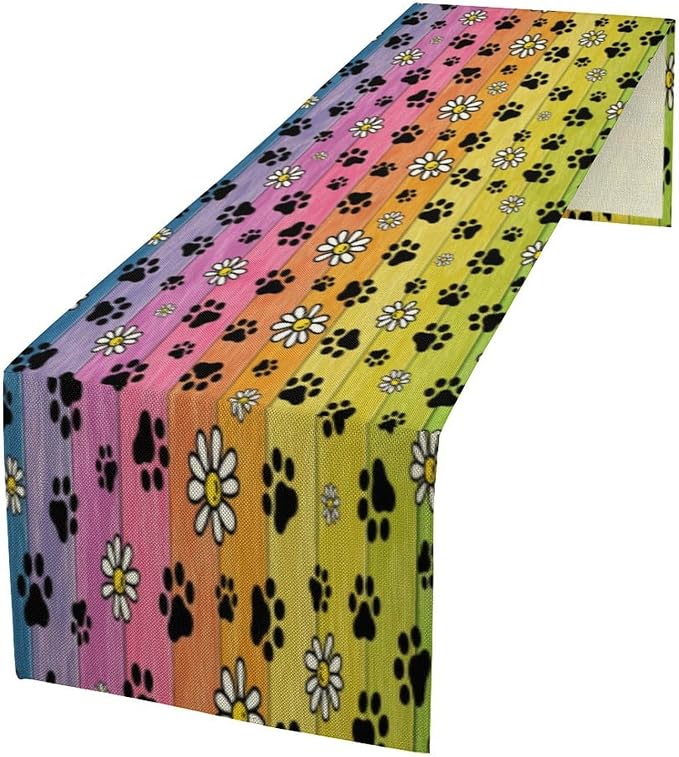 Paw Print Table Runner, Cartoon Vintage Rustic Colourful Wooden Board Flower Cute Dog Paw Prints Table Decor Table Top Dining Kitchen Wedding Party 13x70 in