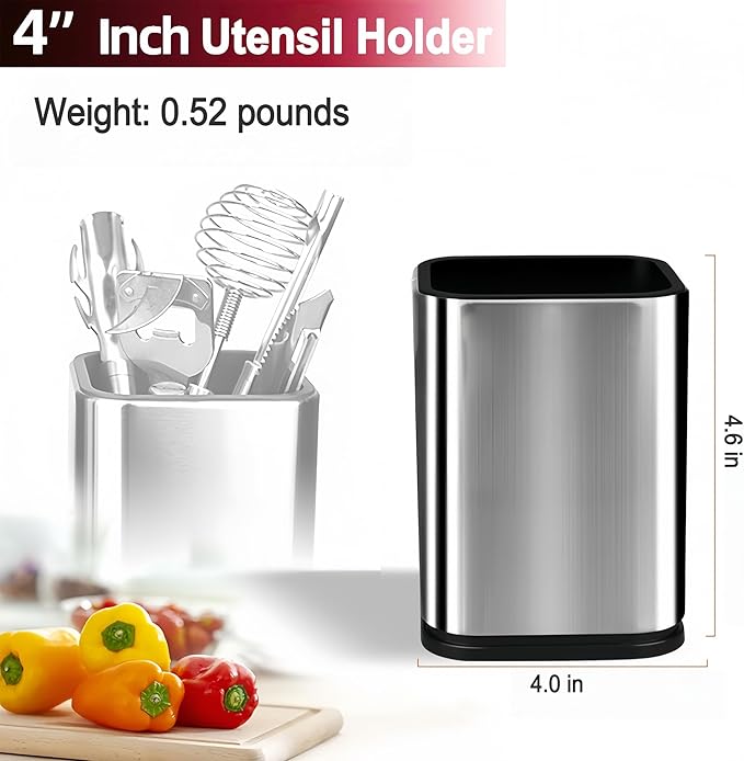 Stainless Steel Utensil Holder Set of 2, Modern Kitchen Tool Caddy Organizer for Countertop, Rust-Proof Cutlery Drying Rack with Drainage Holes, Round Spatula & Whisk Holder