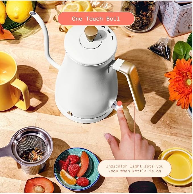 Beautiful Electric Gooseneck Kettle, 1 Liter, 1200W, Stainless Steel Interior, Fast Boil, Precision Pour Spout, Auto Shut-Off & Boil-Dry Protection (White)