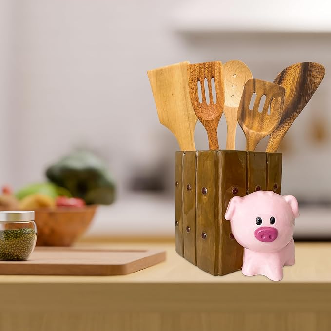 Pig Utensil Holder | Kitchen Crock Storage | Pig Stuff Print Accessories Decoration | Cute Hog Gifts for Women | Cerdo Pollo Animal Boar Decor | Countertop Piglet Stuff Vase