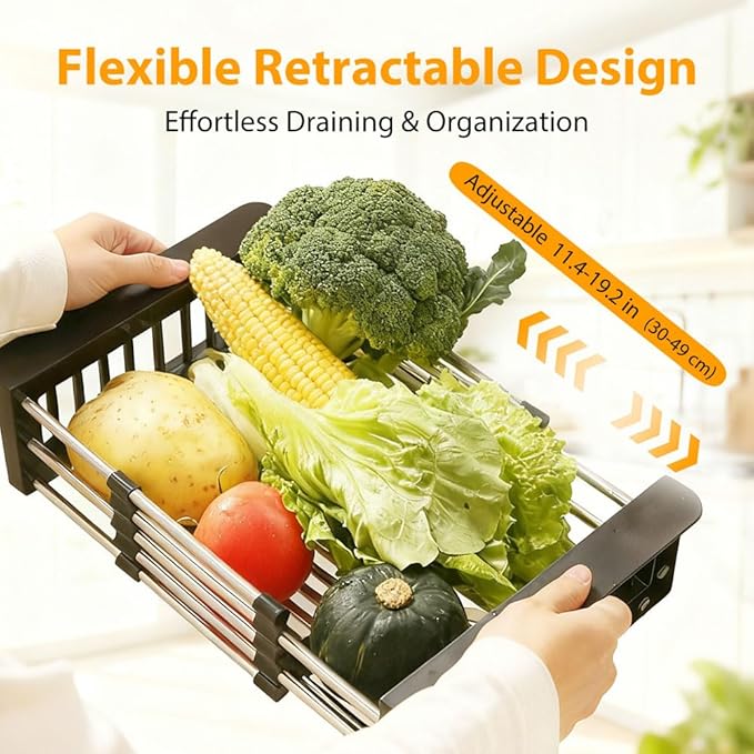 Extend Kitchen Sink Drain Basket, 2026 New Retractable Kitchen Sink, Adjustable Dish Drying Rack with Stainless Steel Drain Basket for Kitchen (White, Small)