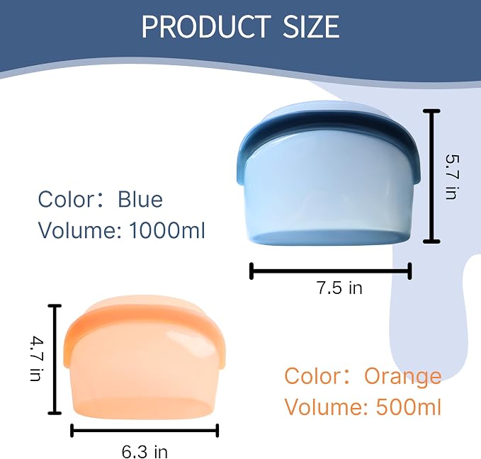 Platinum Silicone Reusable Food Storage Bags 34oz/17oz 2pcs,Blue/Orange Leakproof Seal Stand-Up Dishwasher & Microwave Safe, BPA Free, Silicone Snack Bags