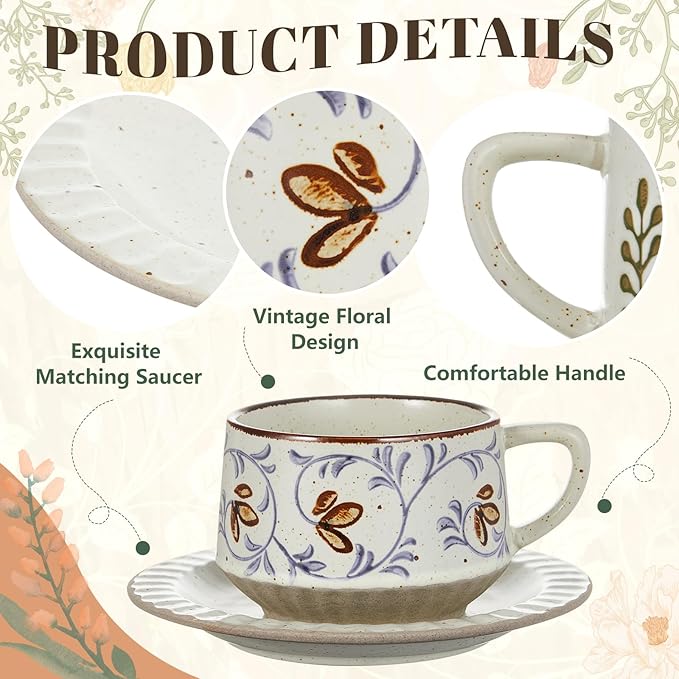 LemonRoad Vintage Tea Cup and Saucer Set of 2, 10oz Porcelain Coffee Mugs with Saucer for Latte Mocha Cappuccino Ceramic Teacups for Housewarming Wedding Gifts Kitchen Table Decor
