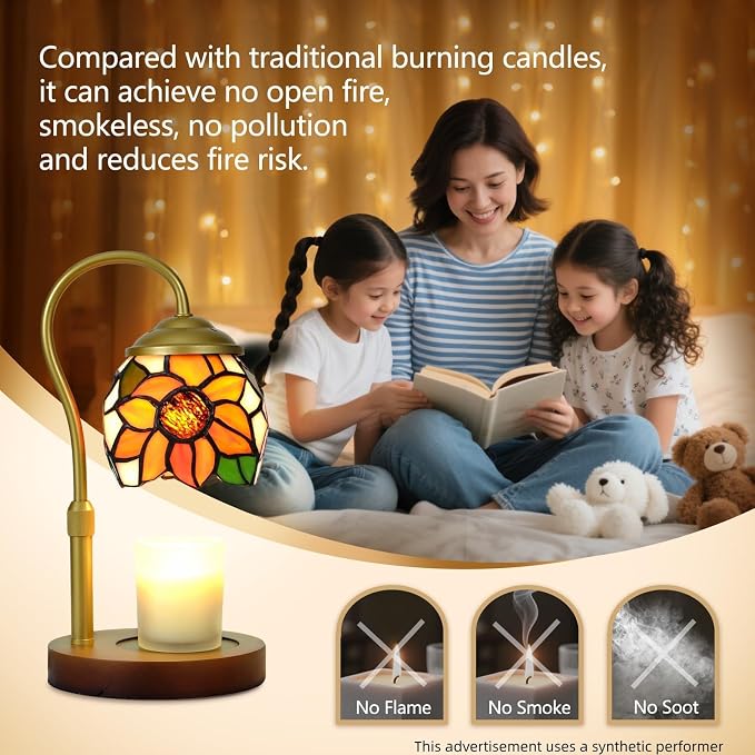 Sunflower Tiffany Candle Warmer Lamp with Wood Base - Height Adjustable, 2/4/8H Timer, 4-Level Dimmer - Includes 2 GU10 Bulbs - Farmhouse Aesthetic Room Decor & Gifts for Women, Fits Candles up to 5"
