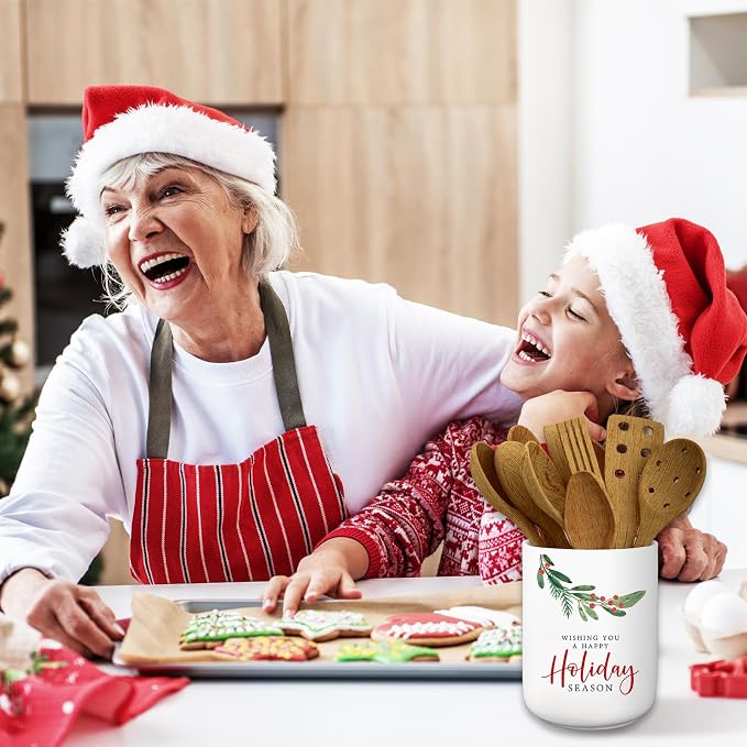 JarThenaAMCS Christmas Ceramic Utensil Holder Holly Berry Wishing You A Happy Holiday Utensil Crock for Winter Xmas Home Kitchen Countertop Storage Organizer Container