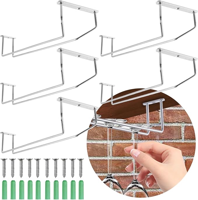 5-Pack Silver Stainless Steel Wine Glass Rack – 13.3” Under Cabinet Stemware Holder for Kitchen, Bar – Durable & Space-Saving Hanging Organizer