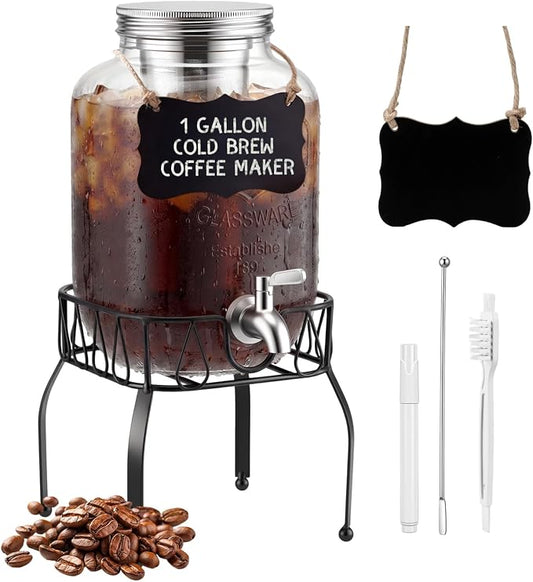 1 Gallon Cold Brew Coffee Maker with Stand, Heavy Duty Glass Iced Coffee Maker & Beverage Dispenser, Thick Iced Tea Pitcher for Fridge with 304 Stainless Steel Filter, Spigot & Lid