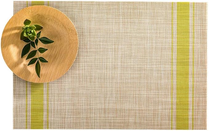 Restaurantware French Countryside 16 x 12 Inch Dining Table Placemats Set Of 6 Heat-Tolerant Kitchen Table Mats - Pear Stripe No Stain Khaki Vinyl Woven Rectangle Placemats Easy To Clean