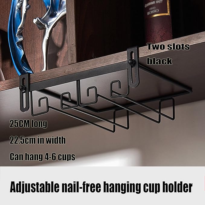Hanging Wine Glass Rack Black Adjustable, Solid Iron Wine Glasses Hanger, Metal Under Cabinet Stemware Rack 3 Rows, 4 Rows, Convenient Storage And Space-saving