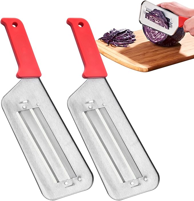 2 PACK Cabbage Chopper Shredder Slicing Cutting Sauerkraut Cutter Grater, Two Sharp Stainless Steel Blades for Sauerkraut Coleslaw Mandoline Slicer with Silicone Finger Grips Peeler