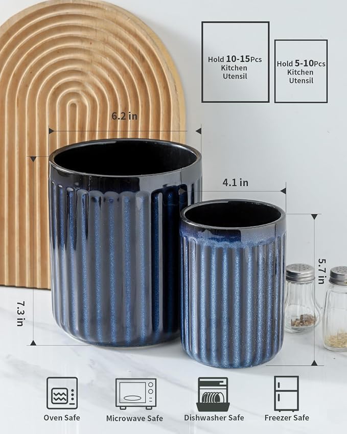 HASENSE Kitchen Utensil Holder,7.3" + 5.7" Cooking Utensil Holder for Kitchen Counter, Large Utensil Crock for Farmhouse Decor, Utensil Storage Organizer for Spatula, Set of 2, Navy Blue