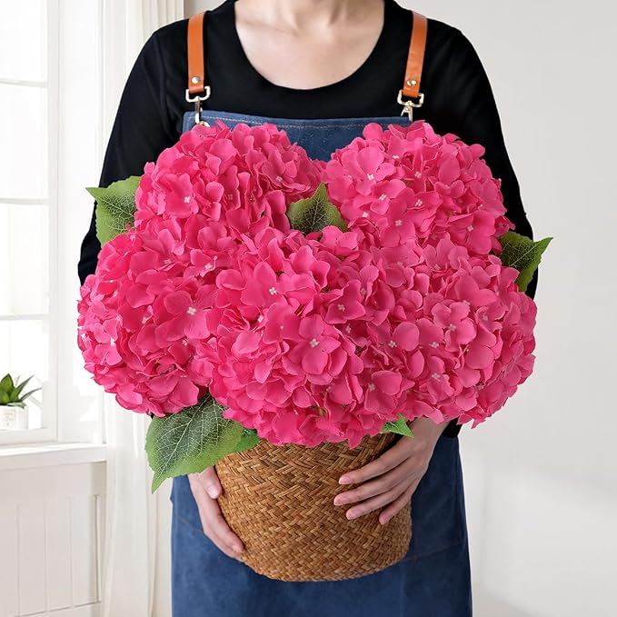 JINWOE Silk Hydrangea Artificial Flowers, 5Pcs 20Inch Large Lifelike Faux Flowers, Full Fake Artificial Hydrangeas with Stems for Bouquet Table Centerpieces Home (Fuchsia)