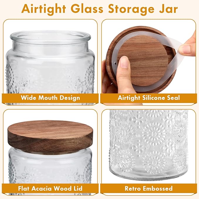 Suclain 6 Pack 23.7 oz Vintage Glass Jar with Wooden Lids Airtight Storage Food Container Jar for Kitchen Bathroom Pantry Decorative Vintage Canister for Coffee Beans, Brown Sugar(Fireworks)