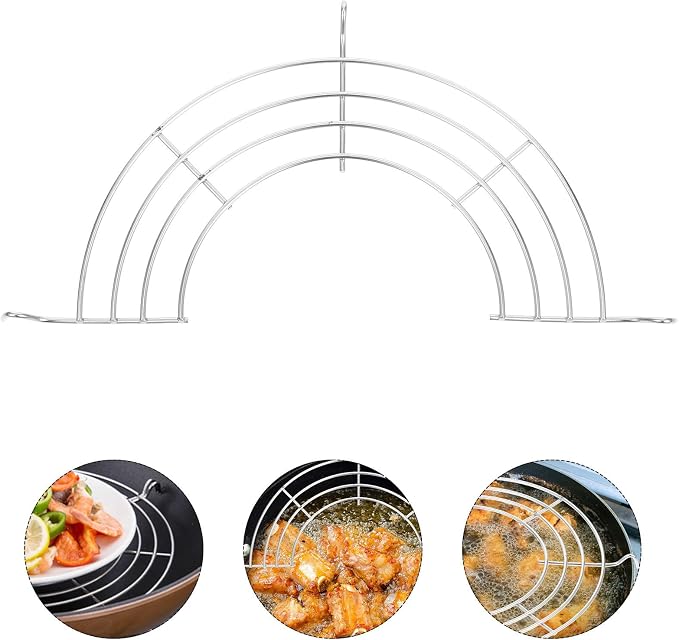 2pcs Stainless Steel Semicircular Oil Drain Rack and Cooling Rack for Frying Pan, Sturdy Kitchen Accessory for Cooking and Baking, Silver Metal Strainer Plate for Oil Drip Filter