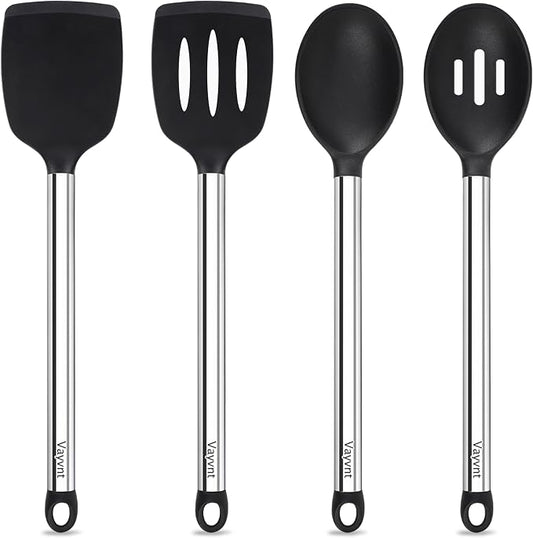 Vayvnt 4 Pieces Silicone Kitchen Utensils Set for Nonstick Cookware, Black | Spatula and Spoon Set, Heat Resistance, Non Toxic, Silicone Utensils for Cooking, Stainless Steel Handle, Dishwasher Safe