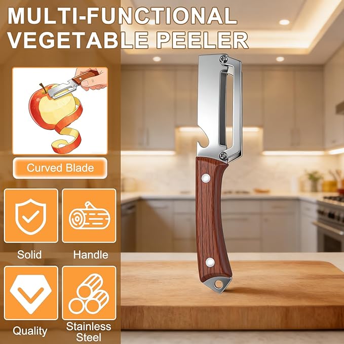 2PCS Multifunctional Vegetable Peeler, 2 in 1 Multi Functional Vegetable Peeler with Bottle Opener and Wooden Handle,Stainless Steel Blade Kitchen Tool for Potato Pumpkin Carrot Veggie Peeler