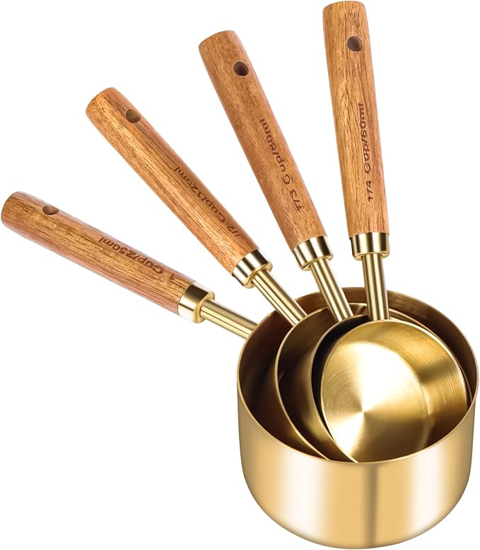 GuDoQi 8Pcs Gold Measuring Cups and Spoons Set, Wooden Handle, Premium Stainless Steel with Metric & US Measurements, Nesting for Dry/Liquid Kitchen/Food/Baking