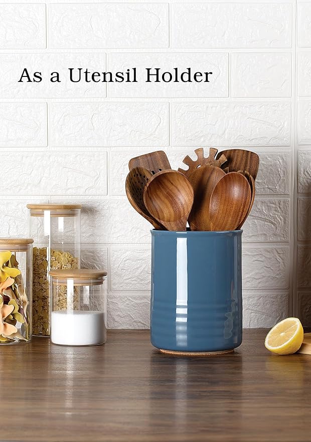 ABRUTY Utensil Holder, 6.7" Ceramic Kitchen Utensil Crock for Countertop Cooking, Modern Utensil Caddy Jar Organizer for Farmhouse Kitchen Counter Décor, Blue