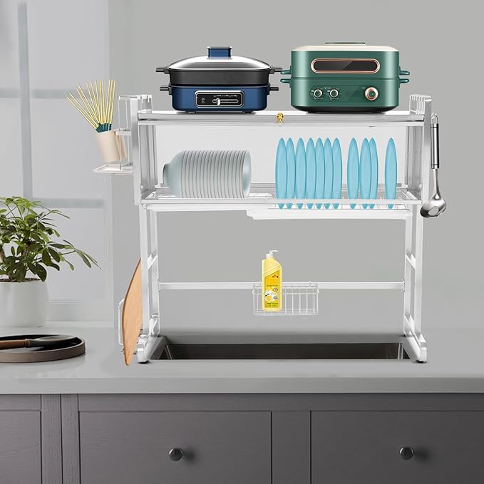 Over Sink Dish Drying Rack, 304 Stainless Steel Drying Drainer Rack with Flip Cabinet Door, Multifunctional Kitchen Storage Dish Rack for Plates, Bowls, Cups