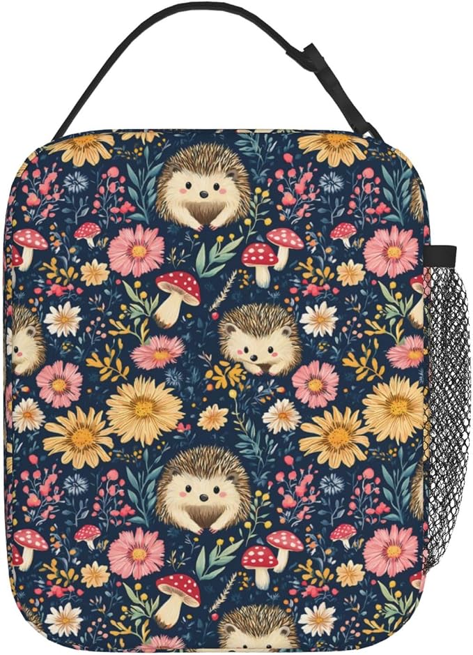 Reusable Hedgehog and Floral Lunch Box for Kids Girls Boys Women Adult, Insulated Cute Woodland Lunch Bag,Polyester Cooler Handbags Case for School Picnic Work Travel Beach or Hiking