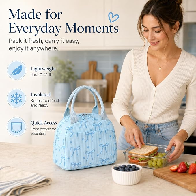 LEDAOU Lunch Box for Women Insulated Lunch Bag Corduroy Lunch Tote Bags Leakproof Cooler Lunch Case for Travel Work Picnic (Bow Tie Blue)