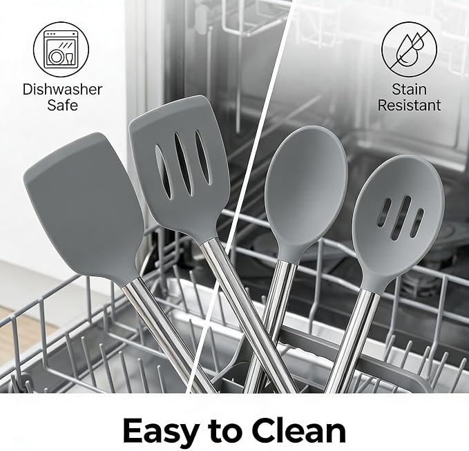 Vayvnt 4PCS Cooking Utensils Set, Food Grade Silicone Kitchen Spatula, Gray | Non Toxic, Up to 480℉ Heat Resistant Silicone, Stainless Steel Handle, Slotted Spoons and Solid Turners, Dishwasher Safe
