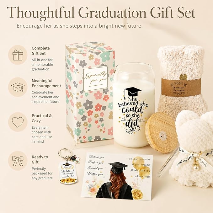 Graduation Gift for Her 2026 - 16oz Glass Cups with Lids and Straws, Coffee Mug Gift Set for Women, College Graduate Gift Box, Master Degree Doctorate Nursing PHD, Congrats Class of 2026 (White 3)