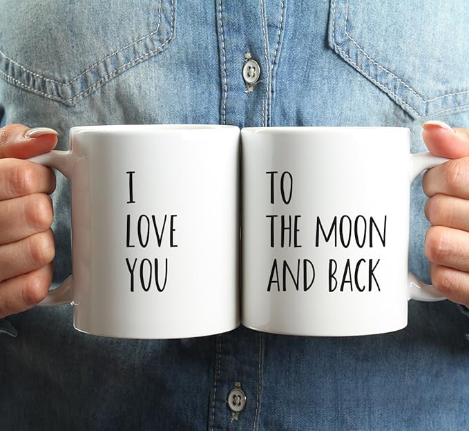 Andaz Press 11oz. Ceramic Ceramic Valentines Day Coffee Mugs Wedding Anniversary Couples Gift Set, I Love You, To the Moon and Back, 2-Pack, Girlfriend Birthday Valentines Day Christmas Ideas