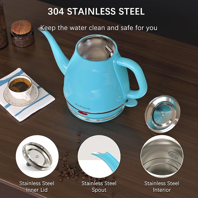 Anfilank Electric Gooseneck Kettle, 1L 1500W Fast Boil, 100% Stainless Steel BPA Free Pour-Over Coffee & Tea Kettle, Water Boiler with Auto Shut & Boil-Dry Protection, Turquoise