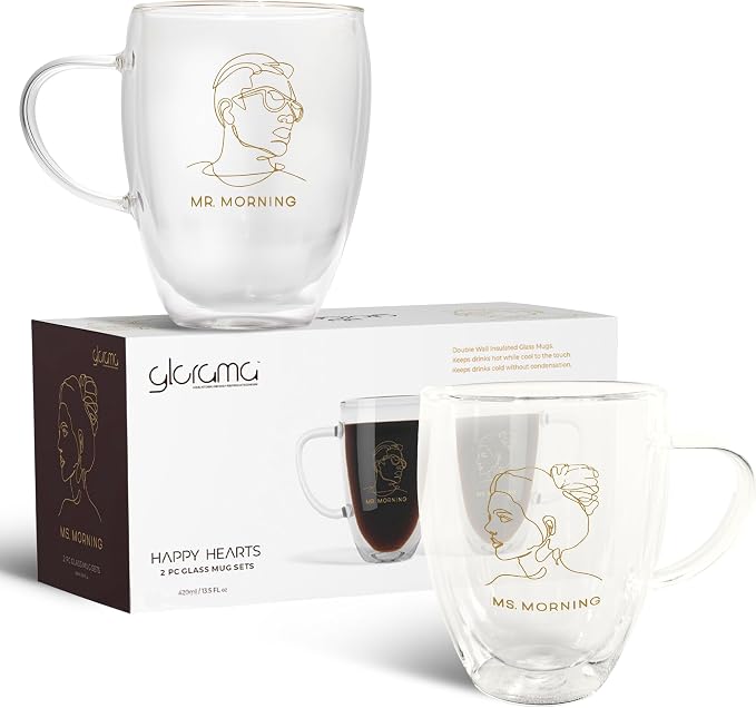 GLORAMA Double Walled Glass Coffee Mugs for Couples - Espresso Cups, Coffee Cups for Couples with Gold Line Art Inscription, Freezer & Microwave Safe (12oz)